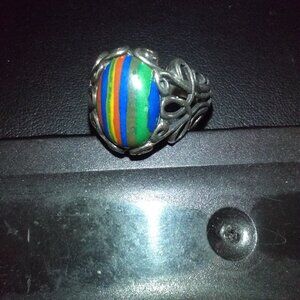 Sterling Ring Sz 8 Rainbow Calsilica Cabochon 925 Vintage